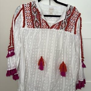 Chico's White and Red Embroidered Women's Top boho size 2 bright fun